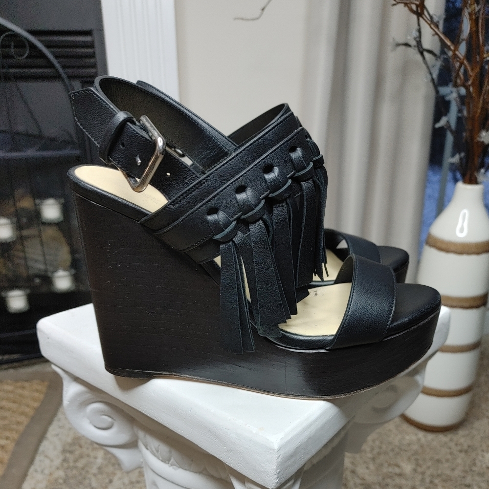JIMMY CHOO NYA 120 FRINGE WEDGE SANDAL, BLACK 38